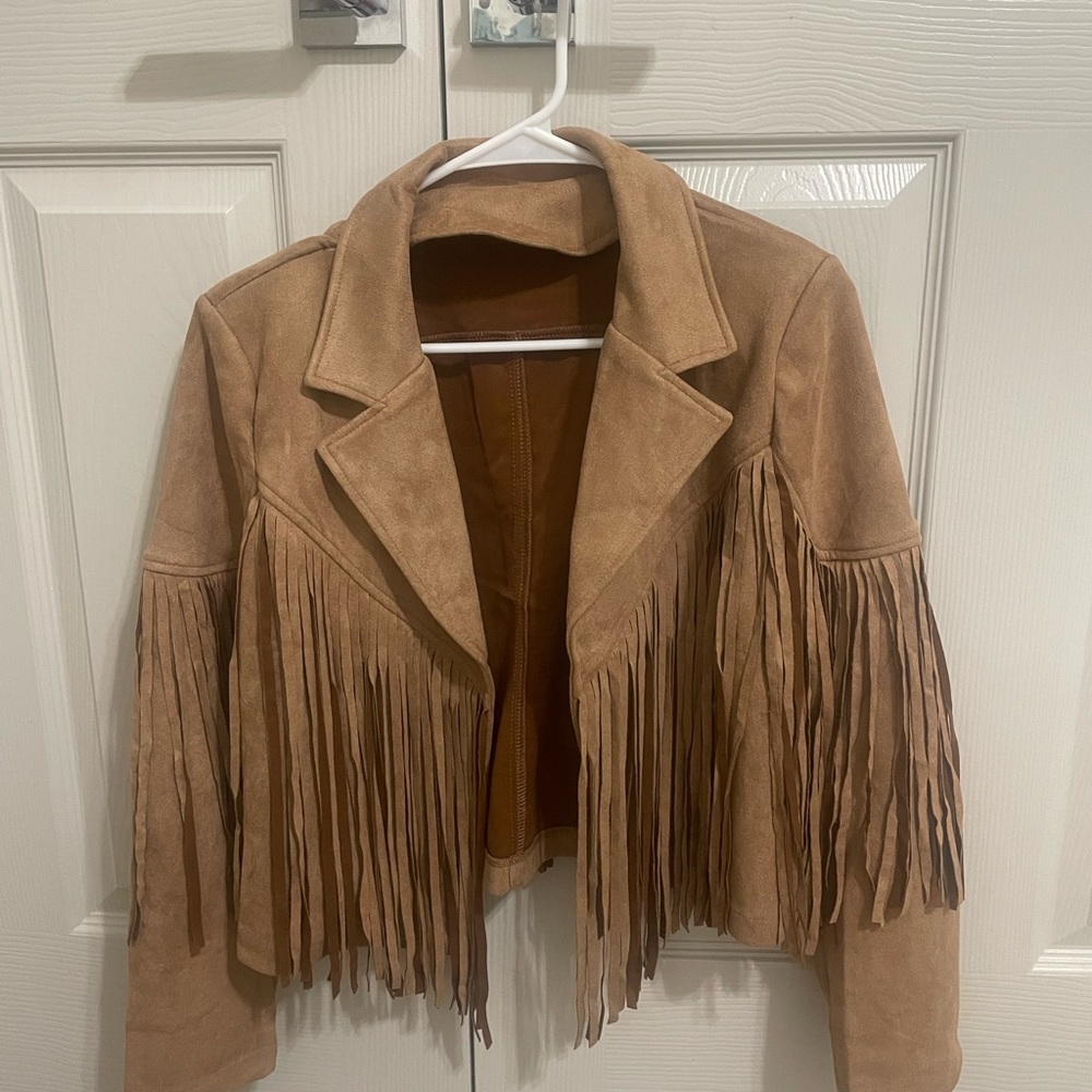 Astylish Khaki Long Sleeve Fringe Open Front Faux Suede